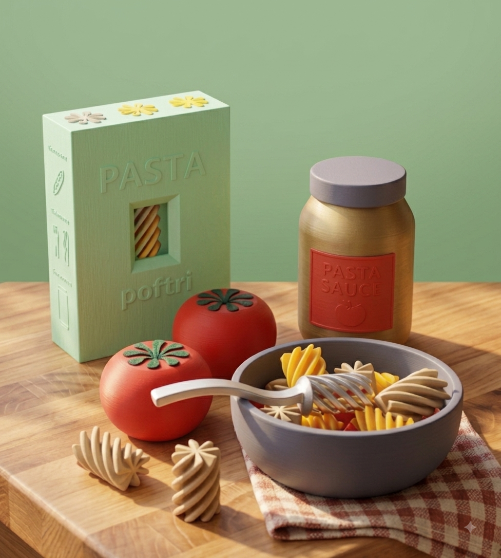 Combo Chef Infantil impreso en 3D: porción de pasta, bote de salsa, dos tomates y plato de juguete