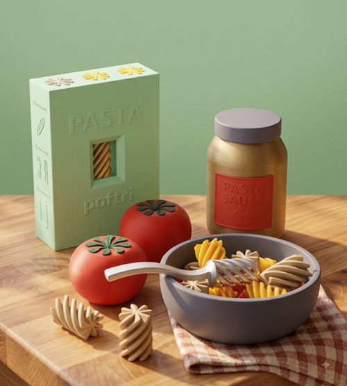 Combo Chef Infantil impreso en 3D: porción de pasta, bote de salsa, dos tomates y plato de juguete