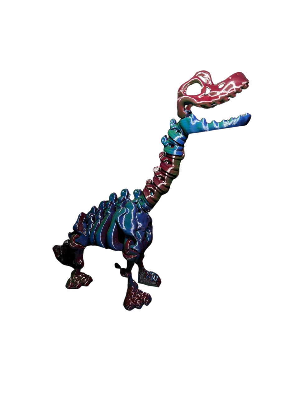 Dinosaurio cuello largo articulado impreso en 3D en filamento tornasol azul y rojo, de Tecnoprint