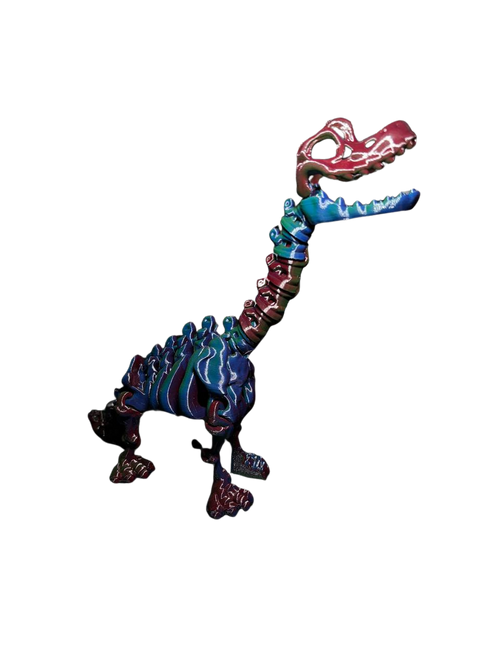 Dinosaurio cuello largo articulado impreso en 3D en filamento tornasol azul y rojo, de Tecnoprint