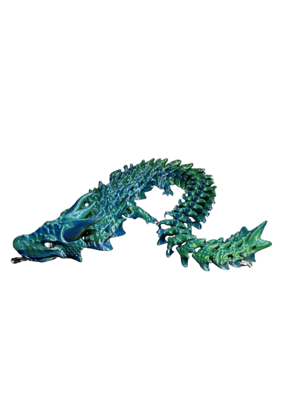 Dragón articulado impreso en 3D en filamento tornasol verde y azul, de Tecnoprint