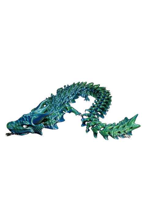 Dragón articulado impreso en 3D en filamento tornasol verde y azul, de Tecnoprint
